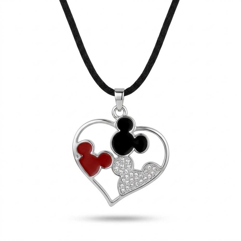 Disney Mickey Minnie Heart Necklace Crystal Pendant Necklace, Black Cord 18"